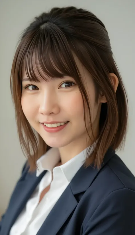 Neat Young Woman、looking at the camera、office lady suit、jacket、shirt、Ear piercings、 、、笑顔、、、face close-up、The background is office
