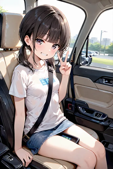 masterpiece,score_9, score_8_up, score_7_up, source_anime,dutch angle, absurdres,1girl, solo,loli,black hair, bangs,low twintails,small breasts,(shirt,mini skirt:1.3),grin,car interior,car seat,(passenger seat),sitting,seatbelt,seatbelt between breasts,loo...