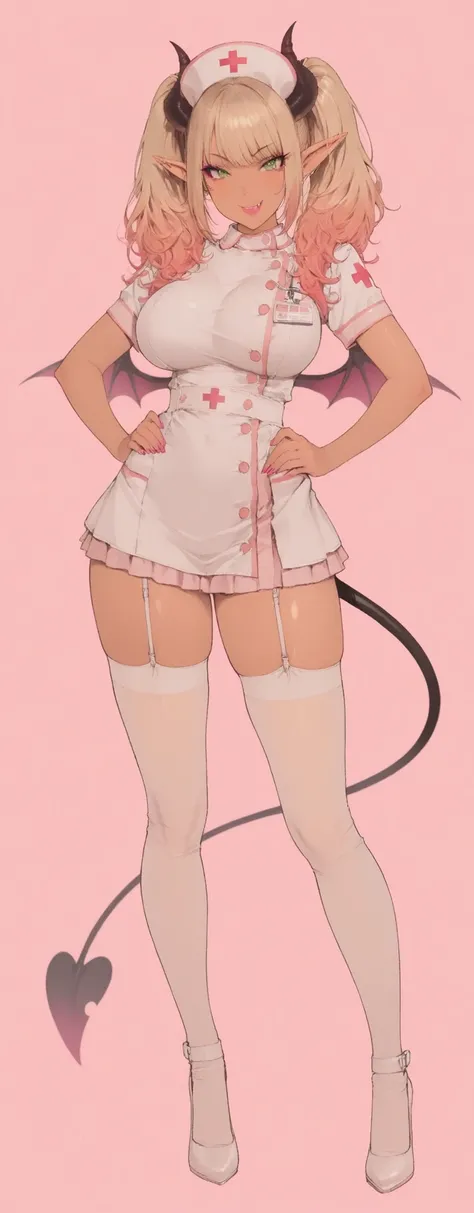 
masterpiece, best quality, high res, perfect lighting, absurdres,1girl,, (full body image), (),(large breast),( ) ,gyaru nurse with vibrant pink background, long dyed reddish-brown hair with blonde highlights styled in trendy twin tails, pointed elf ears,...