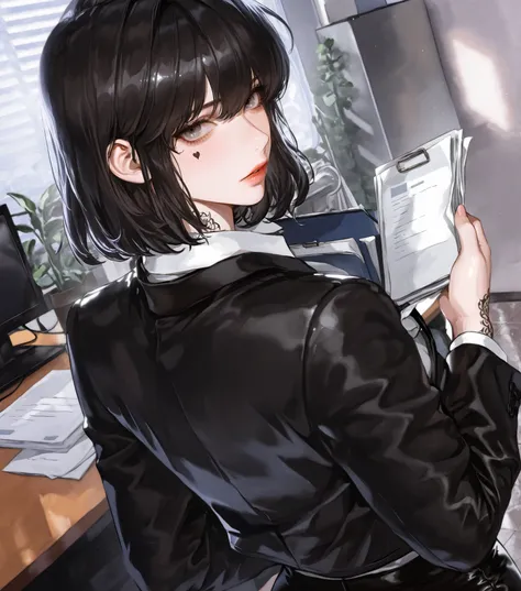 ((Masterpiece)), solo, beautiful adult woman, han sooyoung, office, Bussines black suit, black skirt, whole body tattoo, short hair, gray eyes