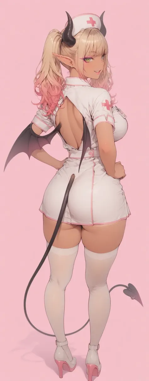 
masterpiece, best quality, high res, perfect lighting, absurdres,1girl,, (full body image), (back shot , from behind),(large breast),( ) ,gyaru nurse with vibrant pink background, long dyed reddish-brown hair with blonde highlights styled in trendy twin t...