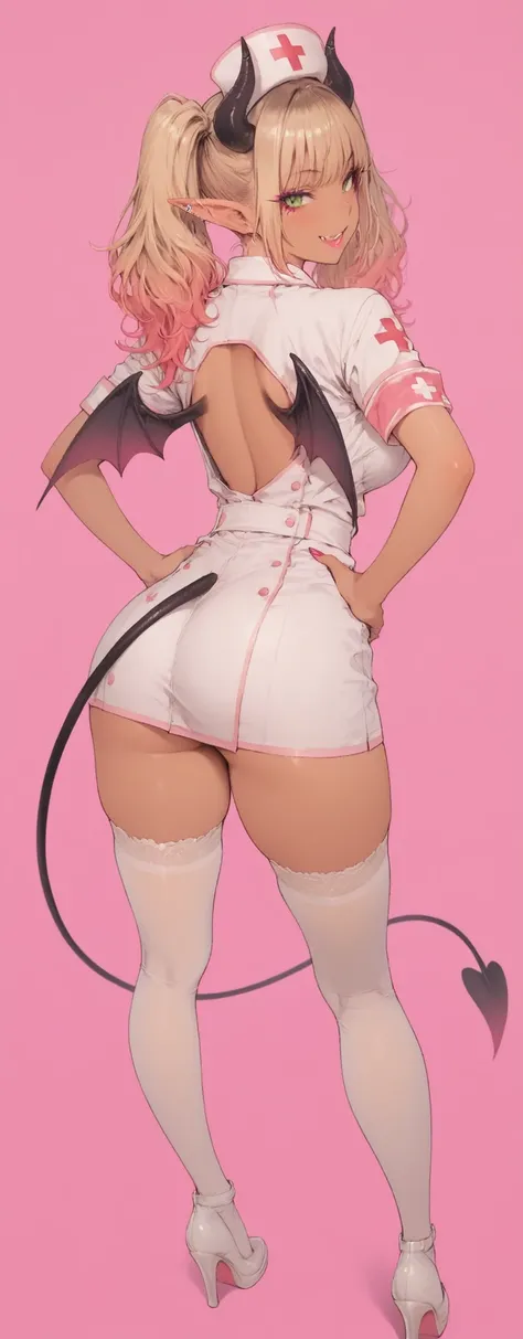 
masterpiece, best quality, high res, perfect lighting, absurdres,1girl,, (full body image), (back shot , from behind),(large breast),( ) ,gyaru nurse with vibrant pink background, long dyed reddish-brown hair with blonde highlights styled in trendy twin t...