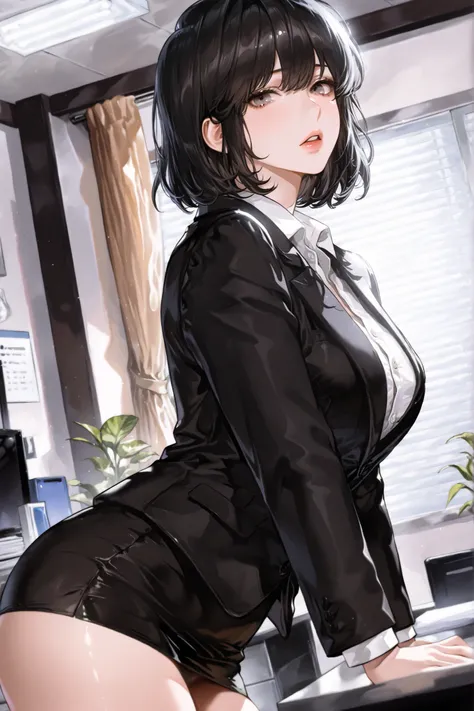 ((Masterpiece)), solo, beautiful adult woman, han sooyoung, office, business female black suit, black skirt, short hair, gray eyes, sensual pose