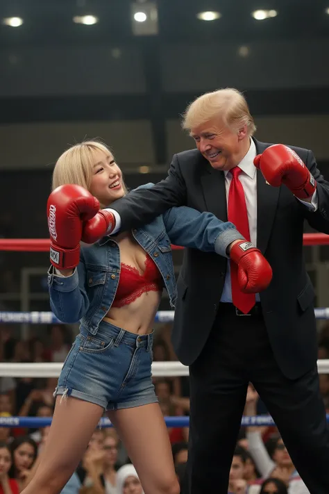 8k resolution surreal realistic scene of a 16-17-year-old Japanese girl with a blonde bob haircut, brown almond eyes, and a bright, playful, mischievous smile, wearing an unbuttoned denim jacket over a lacy red bralette and unzipped short denim shorts with...