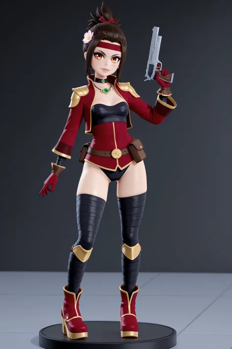 Azula , amber eyes . wavy dark brown hair strands above her shoulders. short hair. small breasts. huge hips. choker. | score_9, score_8_up, score_7_up, faux figurine, nendoroid, full body, figure, platform, solo, Anime, 1girl, chibi, bheadband, edgWrap,br...