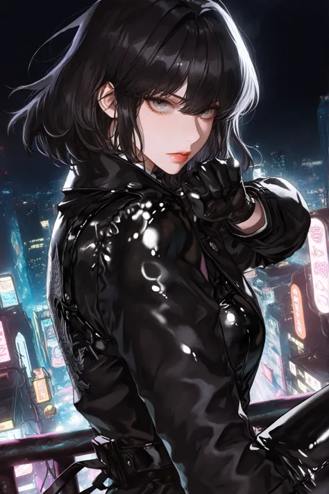 ((masterpiece)), Alone, beautiful adult woman, Han Sooyoung, Neon City at Night, Matrix Style Black Leather Suit, black trench coat, short hair, black hair, gray eyes, dynamic pose, epic pose, Pose sensual.