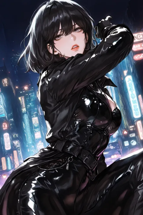 ((masterpiece)), Alone, beautiful adult woman, Han Sooyoung, Neon City at Night, Matrix Style Black Leather Suit, black trench coat, short hair, black hair, gray eyes, dynamic pose, epic pose, Pose sensual.
