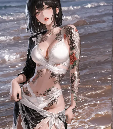 ((Masterpiece)), solo, beautiful adult woman, han sooyoung, beach, Bussines black suit, black skirt, whole body tattoo, short hair, gray eyes