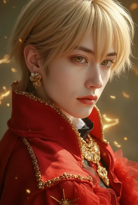 hanging eye、very large golden eyes、Exile Medium Blonde Male、Thin, clean, high nose、A slender, slender jaw、Fair skin、Thin golden eyebrows、A man with a gorgeous necklace、a beautiful man with gorgeous large earrings、Gorgeous Prince Red Fantasy Outfit、hkmagic,...
