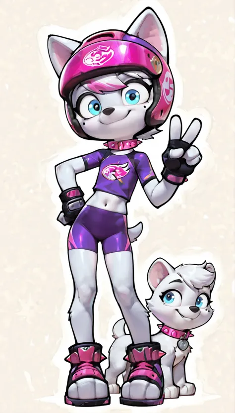 score_9, score_8_up, score_8, source_cartoon, source_furry, 1girl, solo, Roxi(PP), (solo), 1girl, anthro, dog, dog girl, samoyed, white fur, pink and white hair, bangs, short tail, blue eyes, mole on left cheek, cute face, 4 fingers, standing, ((purple rac...