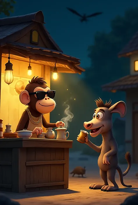 
> A funny cartoon scene at night showing a stylish monkey wearing sunglasses and a gold chain, standing at a small tea stall made of wood and tin (a roadside hut-style tea shop). The street is quiet, with dim yellow lights and the sound of crickets in the...