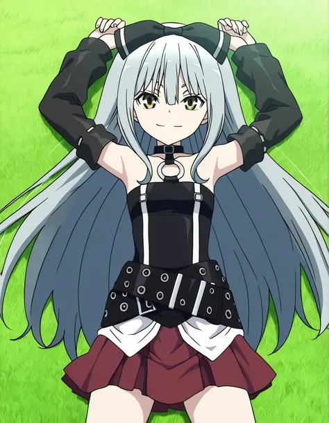 sora, long hair, bow, yellow eyes, hair bow, grey hair, black bow, anime screencap,
skirt, bare shoulders, detached sleeves, choker, belt, red skirt, black dress, o-ring, high quality, solo, lying, on back, arms up, legs apart, closed mouth, on grass, cowb...