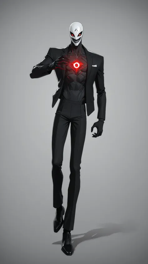 A man wearing a elegant black suit, wearing a high-tech monster face white mask with sharp teeth and a third eye on forehead, long white matted hair, gloves with sharp claws, slim athletic build, small red triangular energy core on chest, 2D cartoon style,...