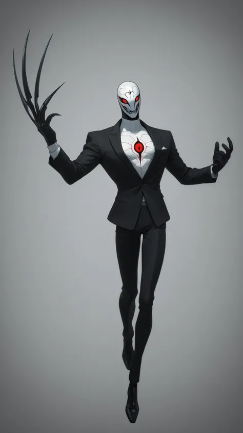 A man wearing a elegant black suit, wearing a high-tech monster face white mask with sharp teeth and a third eye on forehead, long black matted hair on head, gloves with sharp claws, slim athletic build, small red triangular energy core on chest, 2D cartoo...