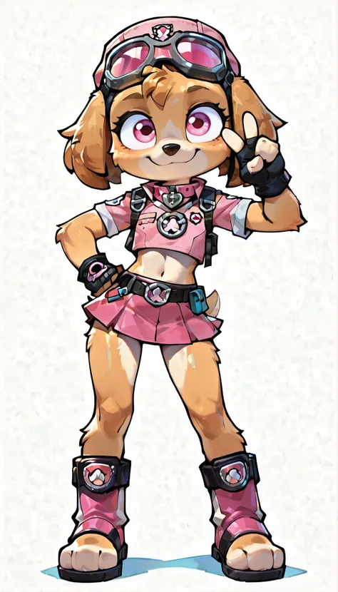 score_9, score_8_up, score_8, source_cartoon, source_furry, 1girl, solo, Skye(PP), dog, anthro, dog, furry, Cockapoo, pink eyes, golden-brown body fur, golden-brown hair, cute face, 4 fingers, standing, ((goggles, pink pilot hat, Skye collar, pink top, mid...