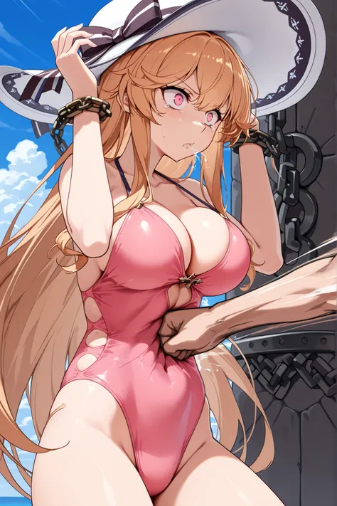 Masterpiece,best quality,highres,Super detailed,very detailed,highest quality,super detailed,high quality,high-definition,extremely detailed,absurdres,perfect light,outdoors,hanging all hands over head higher,hanging two hands over head higher,((((chain re...