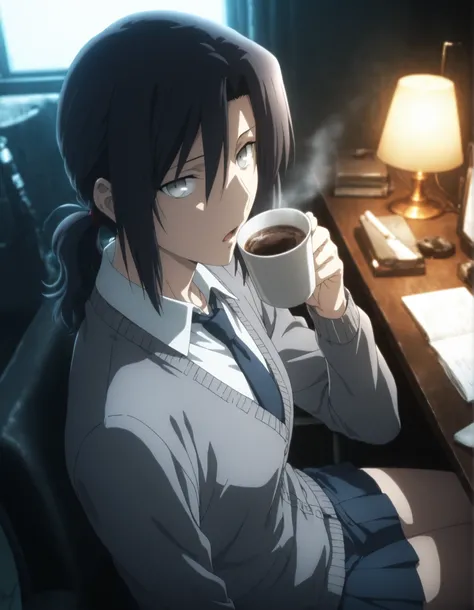 masterpiece,best quality,good quality,newest, detailed face, from above, from side,
ruin ,office, dark , lamp,
light open mouth,
looking at viewer, ,
solo,
anime coloring,
aozaki_touko\(kara_no_kyoukai\),1girl,(low ponytail), (), black hair, bangs, medium ...