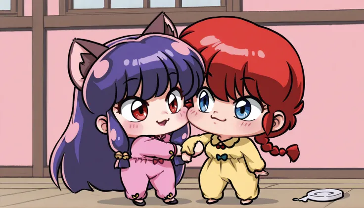 2 girls hugging, ranma 1/2 characters, (girl 1, ranma saotome, red hair, Hair with a braid, blue eyes, Pechos grandes), (Girl 2 , Shampoo (ranma 1/2), purple hair, long hair, Red Eyes, Pechos grandes), NSFW,  sexy hips, sexy girls , Japanese Dojo , by day,...