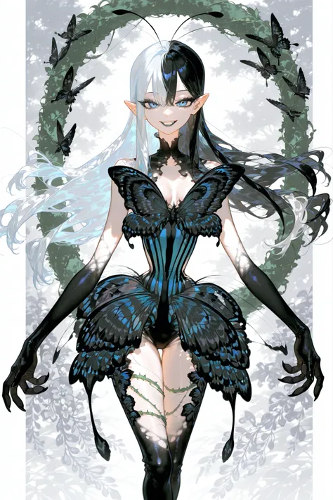 (SPLIT-COLOR HAIR,MIX OF BLACK AND WHITE HAIR,xxx667_illu,Black butterfly leotard, narrow waist,) Dark faèrie-girl. She has an asthenic skinny flat-chested physique, she has long elegant swan neck,clawed six-fingered limbs,long pointy ears. She has huge sh...