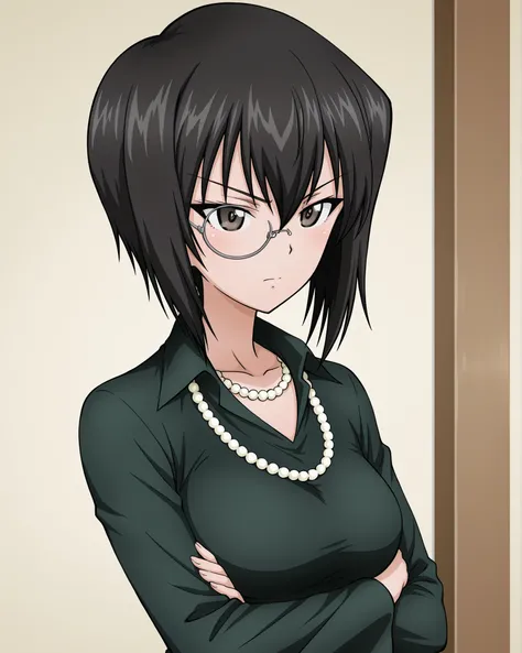 1girl, solo, kawashima momo \(girls und panzer\),monocle, (fubuki one-punch man cosplay), pearl necklace, arms folded, Girls Und Panzer art style
