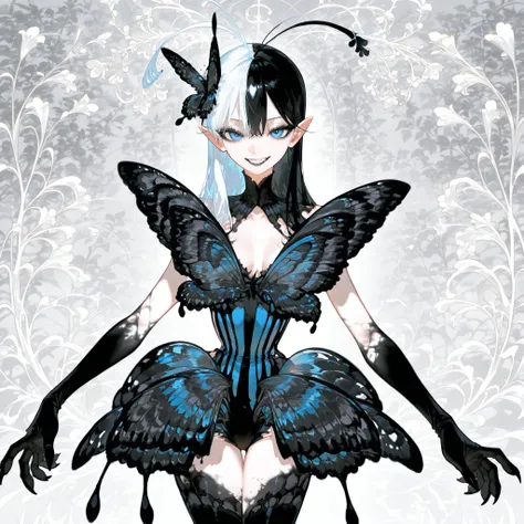 (SPLIT-COLOR HAIR,MIX OF BLACK AND WHITE HAIR,xxx667_illu,Black butterfly leotard, narrow waist,) Dark faèrie-girl. She has an asthenic skinny flat-chested physique, she has long elegant swan neck,clawed six-fingered limbs,long pointy ears. She has huge sh...