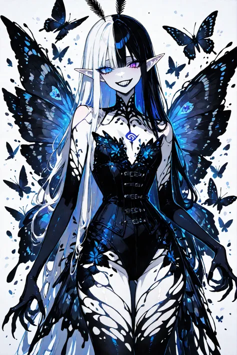 (SPLIT-COLOR HAIR,MIX OF BLACK AND WHITE HAIR,xxx667_illu,) Dark faèrie-girl. She has an asthenic skinny flat-chested physique, she has long elegant swan neck,clawed six-fingered limbs,long pointy ears. She has huge sharp pitch black butterfly wings. She h...