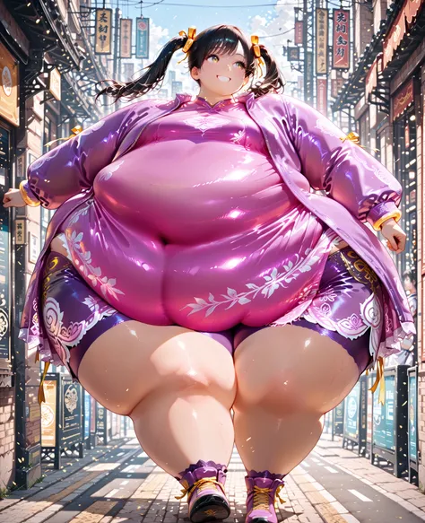 masterpiece, best quality, 1girl, solo, Ling Xiaoyu, long hair, black hair, twin tails, brown eyes, Asian, shirt, long sleeves, hair ornament, ribbon, hair ribbon, open clothes, shorts, open jacket, purple jacket, purple shorts, Chinese clothes, short dres...