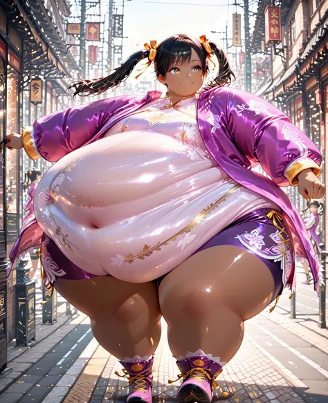 masterpiece, best quality, 1girl, solo, Ling Xiaoyu, dark skin, long hair, black hair, twin tails, brown eyes, Asian, shirt, long sleeves, hair ornament, ribbon, hair ribbon, open clothes, shorts, open jacket, purple jacket, purple shorts, Chinese clothes,...