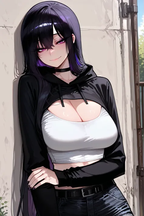 1girl, solo, anime girl, onee-san, masterpiece, aesthetic, very long hair, black hair, no hairpin, purple eyes, sharp eye outlines, long eyelashes, small smile, makeup, big breasts, black cropped hoodie, white crop top, cleavage, black denim shorts, black ...