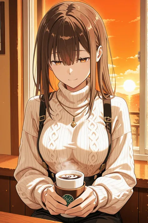 anime style, a quiet café at sunset, a university girl with soft shoulder-length dark brown hair slightly curled inward, long bangs gently covering part of her eyes, creating a faintly melancholic look. she wears a white turtleneck knit sweater, black pant...