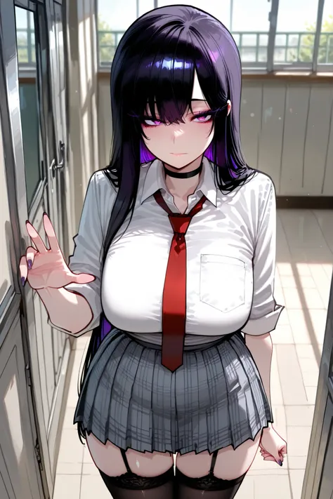1girl, solo, anime girl, onee-san, masterpiece, aesthetic, very long hair, black hair, no hairpin, purple eyes, sharp eye outlines, long eyelashes, makeup, big breasts, school uniform, white blouse, rolled up sleeve, open collar, grey plaid pleated skirt, ...