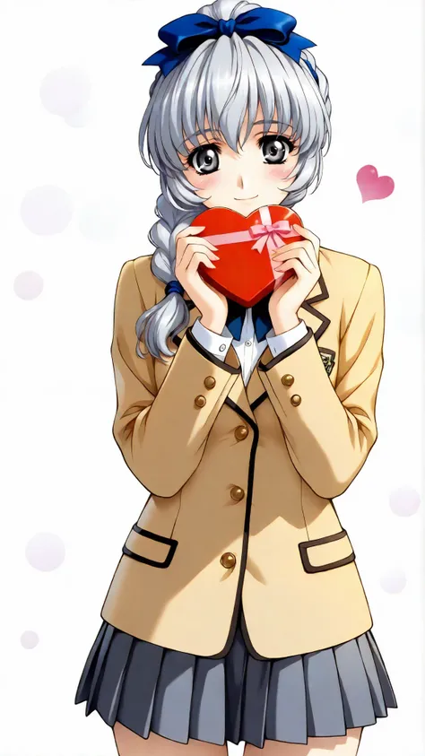 teletha_testarossa, an anime girl, 1girl, solo, long hair, smile, skirt, simple background, white background, bow, school uniform, braid, grey hair, heart, grey eyes, box, hair over shoulder, valentine, heart-shaped box