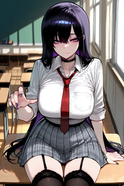 1girl, solo, anime girl, onee-san, masterpiece, aesthetic, very long hair, black hair, no hairpin, purple eyes, sharp eye outlines, long eyelashes, makeup, big breasts, school uniform, white blouse, rolled up sleeve, open collar, grey plaid pleated skirt, ...