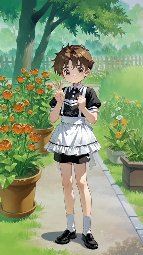 ((Li Xiaoran)), 1 boy, solo, (brown eyes, brown hair), (shota), (cute), (happy expression), parted mouth, smile, short maid outfit, bare legs, socks, black shoes, standing, (V), outdoors, garden full of flowers, low white wooden fence, grass, (detailed bac...