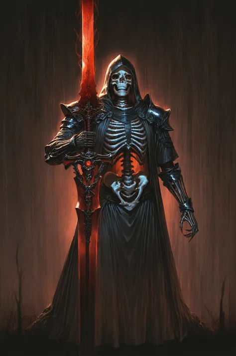 Skeleton Dark Knight,Highly Detailed Skeleton Armor,Armoured,Holding a long sword :1.2,Dramatic Red Backlight,Gothic Cyberpunk Style,Photo Quality,HDR,high resolution,perfect detail,realistic texture,Impressive lighting,Shining in the Dark,fantastic atmosp...