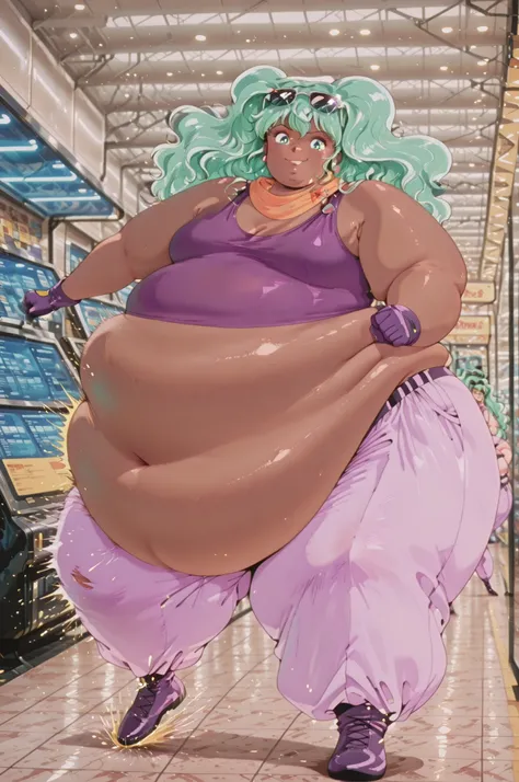 1girl, solo, masterpiece, best quality,lakshu, retro art style, 1980s \(style\), green eyes, green hair, long hair, dark skin, sunglasses on head, gloves, scarf, purple pants, purple t-shirt, bare shoulders, hyper pregnancy, hyper fat, hyper obese, full b...