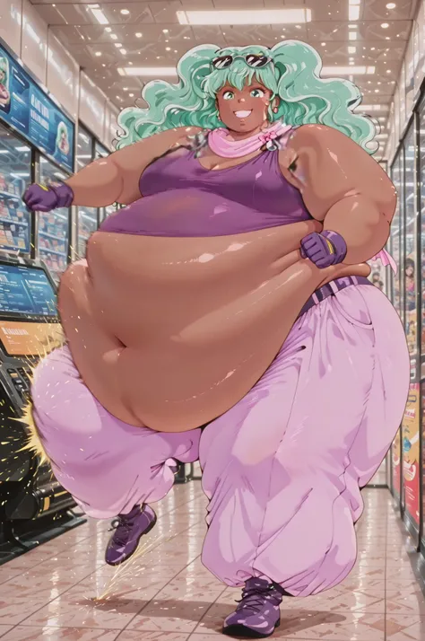 1girl, solo, masterpiece, best quality,lakshu, retro art style, 1980s \(style\), green eyes, green hair, long hair, dark skin, sunglasses on head, gloves, scarf, purple pants, purple t-shirt, bare shoulders, hyper pregnancy, hyper fat, hyper obese, full b...
