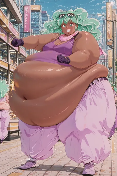 1girl, solo, masterpiece, best quality,lakshu, retro art style, 1980s \(style\), green eyes, green hair, long hair,, sunglasses on head, gloves, scarf, purple pants, purple t-shirt, bare shoulders, dark skin, hyper obese, hyper fat, hyper pregnancy, full ...