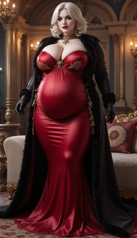 Dark Red Ultra Long Dress(Luxurious Gold Embroidery ),  Premium Black Fur Coat ,Red High Heels,  dark gothic makeup, 垂れきったvery big boobs(Saggy state: 10.5, Length to bottom:130.0,Softness:130.0), Blonde(Saggy state: 10.5, Length to bottom:130.0,Softness:13...