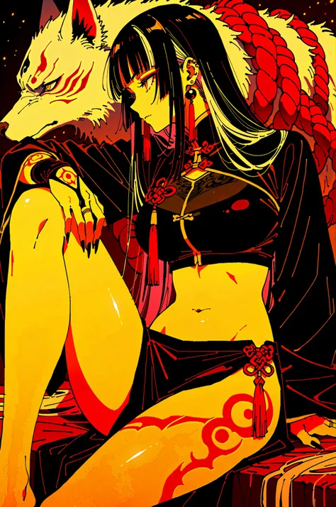 watercolor (medium),by kafun,
by mikimoto haruhiko,by rei \(sanbonzakura\),
mature female, solo,
upper body,from side,
long hair, skirt, black hair, long sleeves, navel, closed mouth, very long hair, sitting, yellow eyes, white hair, multicolored hair, sid...