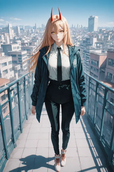 power_v1, 1girl, red horns, long hair, hair between eyes, black necktie, shirt, jacket, yellow eyes, high definition eyes, detailed eyes, high gradient eyes, eyesHD, 1girl, solo, full body view, the girl is very beautiful, the girl has an incredibly beauti...