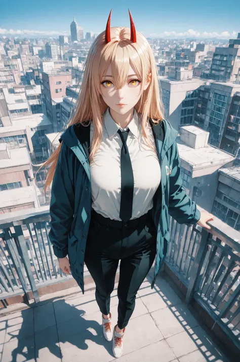 power_v1, 1girl, red horns, long hair, hair between eyes, black necktie, shirt, jacket, yellow eyes, high definition eyes, detailed eyes, high gradient eyes, eyesHD, 1girl, solo, full body view, the girl is very beautiful, the girl has an incredibly beauti...