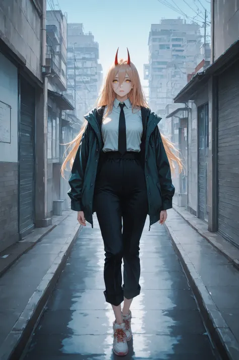 power_v1, 1girl, red horns, long hair, hair between eyes, black necktie, shirt, jacket, yellow eyes, high definition eyes, detailed eyes, high gradient eyes, eyesHD, 1girl, solo, full body view, the girl is very beautiful, the girl has an incredibly beauti...