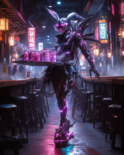 Anime cyberpunk art of a cool bunny girl skater in a neon-drenched tavern. She's rolling on her electric skateboard, weaving between tables, holding a tray with glowing drinks. The air is thick with holographic smoke and the glow of signs. Cybernetic impla...