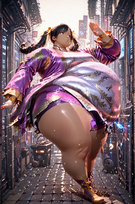 1girl, solo, masterpiece, best quality, Ling Xiaoyu, long hair, black hair, twin tails, brown eyes, dark skin, Asian, shirt, long sleeves, hair ornament, ribbon, hair ribbon, open clothes, shorts, open jacket, purple jacket, purple shorts, Chinese clothes,...