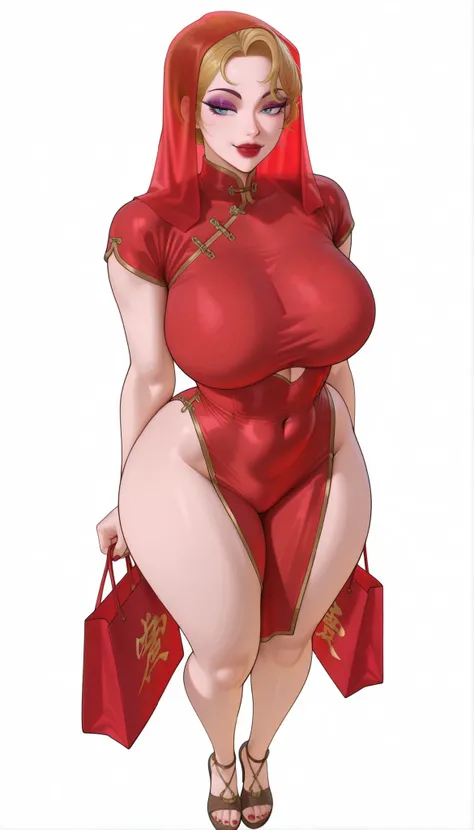 Hwakyung - Brothel, a beautiful woman with elegantly tied yellow-blonde hair, vixen-shaped blue eyes, purple eyelid makeup, bimbo plump round red lips, red nails, extremely pale fair white skin, an hourglass figure, a small tight cinched waist, wide round ...