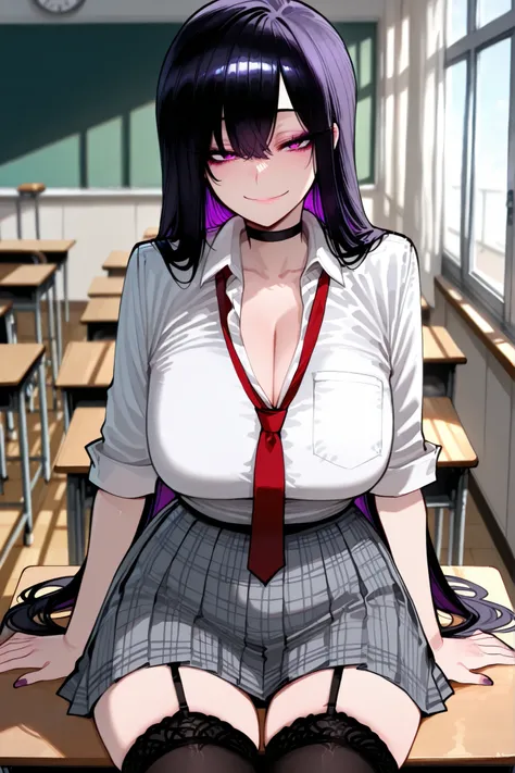 1girl, solo, anime girl, onee-san, masterpiece, aesthetic, very long hair, black hair, no hairpin, purple eyes, sharp eye outlines, long eyelashes, smile, makeup, big breasts, school uniform, white blouse, rolled up sleeve, open collar, cleavage, grey plai...