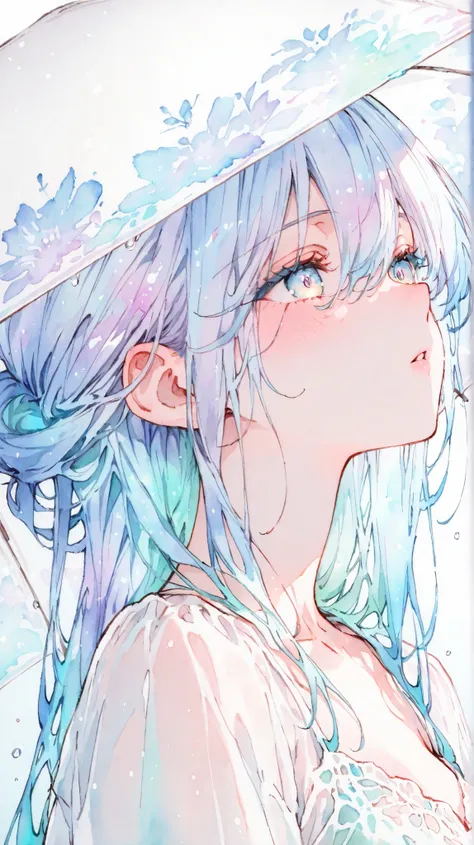 Masterpiece, best quality, amazing quality, highres, absurdly beautiful, close up, A beautiful girl, very light blue hair, violet-blue-blue-green holographic eyes, beautiful eyes, dress, white umbrella
