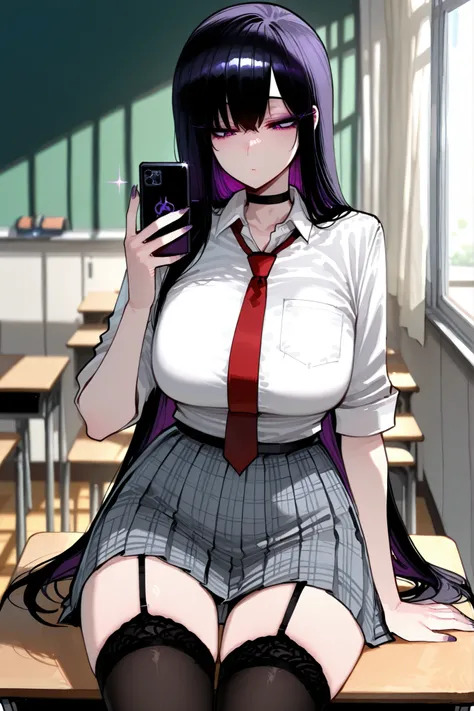 1girl, solo, anime girl, onee-san, masterpiece, aesthetic, very long hair, black hair, no hairpin, purple eyes, sharp eye outlines, long eyelashes, looking at phone, makeup, big breasts, school uniform, white blouse, rolled up sleeve, open collar, grey pla...