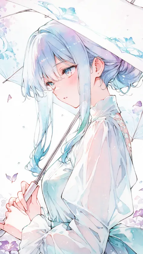 Masterpiece, best quality, amazing quality, highres, absurdly beautiful, close up, A beautiful girl, very light blue hair, lovely wave hair, violet-blue-blue-green holographic eyes, beautiful eyes, dress, white umbrella, elegant posture,